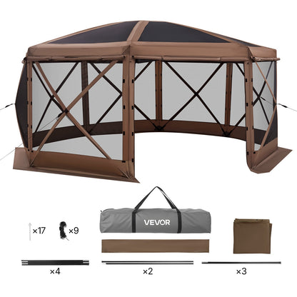Pop up Gazebo Screen Tent, 4.57x4.57 m Large 8-Sided Camping Canopy Tent with Removable Top & Carry Bag, Quick-Set & Bite-Proof, Screen House Sun Shelter for 12-15 Persons Backyard Patio, Brown