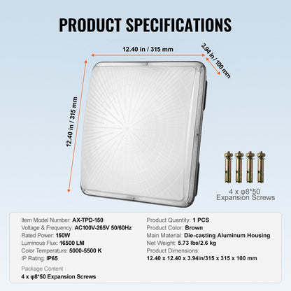 150W LED Canopy Light, 16,500LM, 5000K, Outdoor, IP65, 0.315m Square, 2.6kg