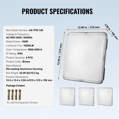 4-Pack 150W LED Canopy Lights, 16500LM, 5000K, IP65 Waterproof, Outdoor Lighting