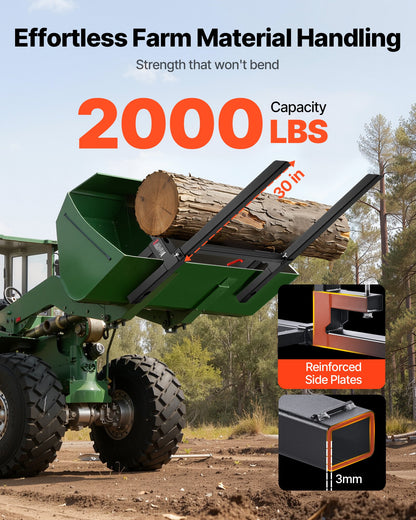Pallet Forks, 907 kg Clamp on Pallet Forks, 109 cm Total Length Heavy-Duty Tractor Fork with Adjustable Stabilizer Bar for Tractor Attachments, Loader Bucket, and Skid Steer, Black