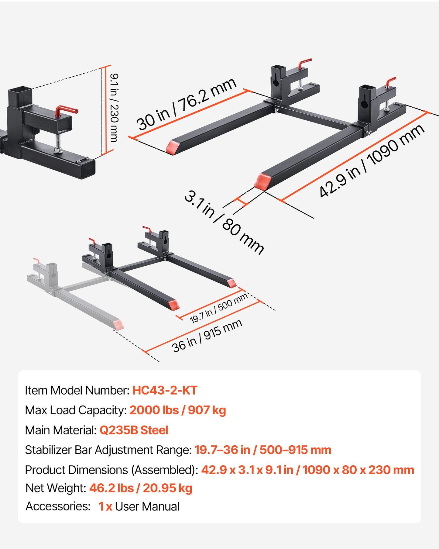 Pallet Forks, 907 kg Clamp on Pallet Forks, 109 cm Total Length Heavy-Duty Tractor Fork with Adjustable Stabilizer Bar for Tractor Attachments, Loader Bucket, and Skid Steer, Black
