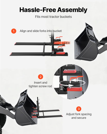 Pallet Forks, 1814 kg Clamp on Pallet Forks, 149 cm Total Length Heavy-Duty Tractor Fork with Anti-Tilt Bar & Adjustable Stabilizer Bar, Fit for Loader Bucket Skid Steer Tractor, Black