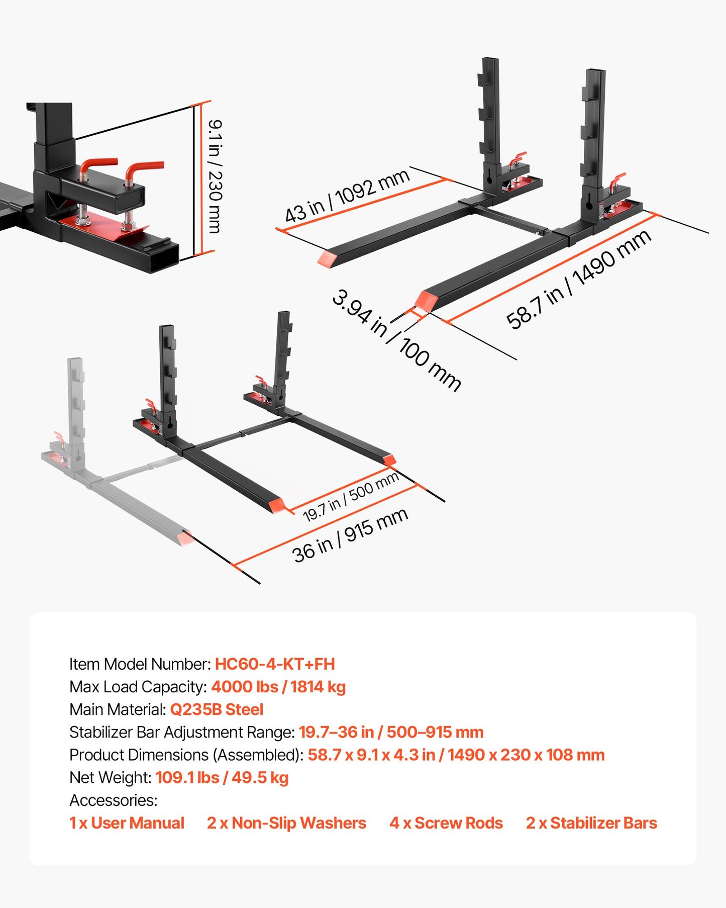 Pallet Forks, 1814 kg Clamp on Pallet Forks, 149 cm Total Length Heavy-Duty Tractor Fork with Anti-Tilt Bar & Adjustable Stabilizer Bar, Fit for Loader Bucket Skid Steer Tractor, Black