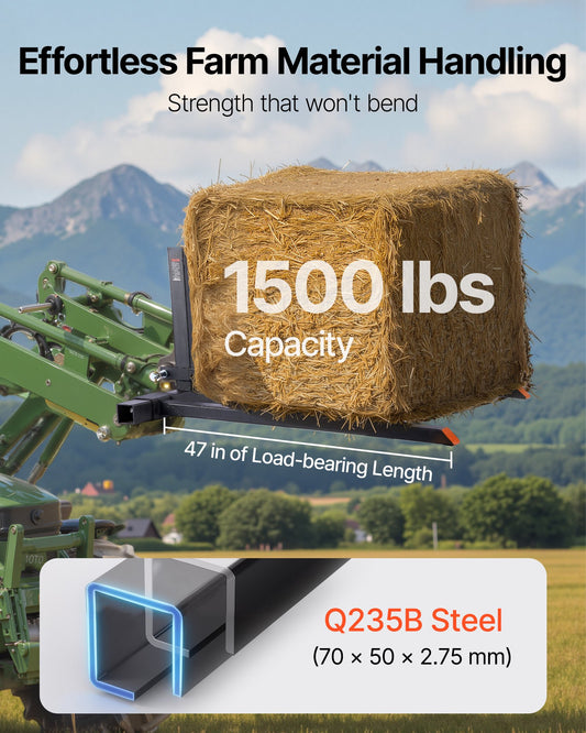 3 Point Hitch Pallet Forks, 680 kg Clamp on Pallet Forks, 128 cm Total Length Heavy-Duty Tractor Fork with 73.5-117 cm Adjustable Fork Width, Quick Hitch Attachments for Category 1 Tractors