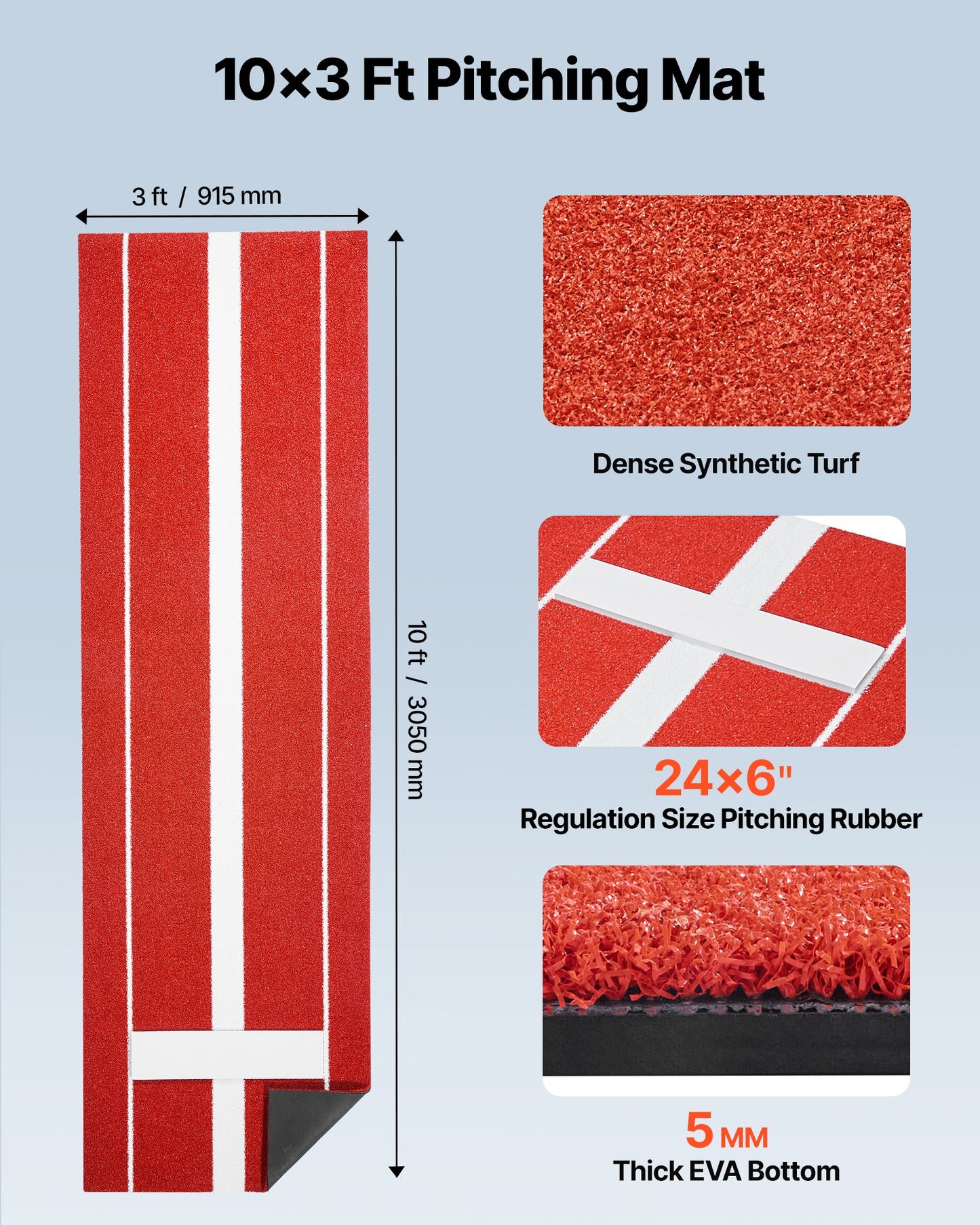 Softball Pitching Mat, 305x92cm Baseball Pitching Rubber Mound, Antifade Turf and Antislip Foam Backing Portable Training Aid, Fastpitch Equipment for Pitchers Indoor Outdoor Practice, Red