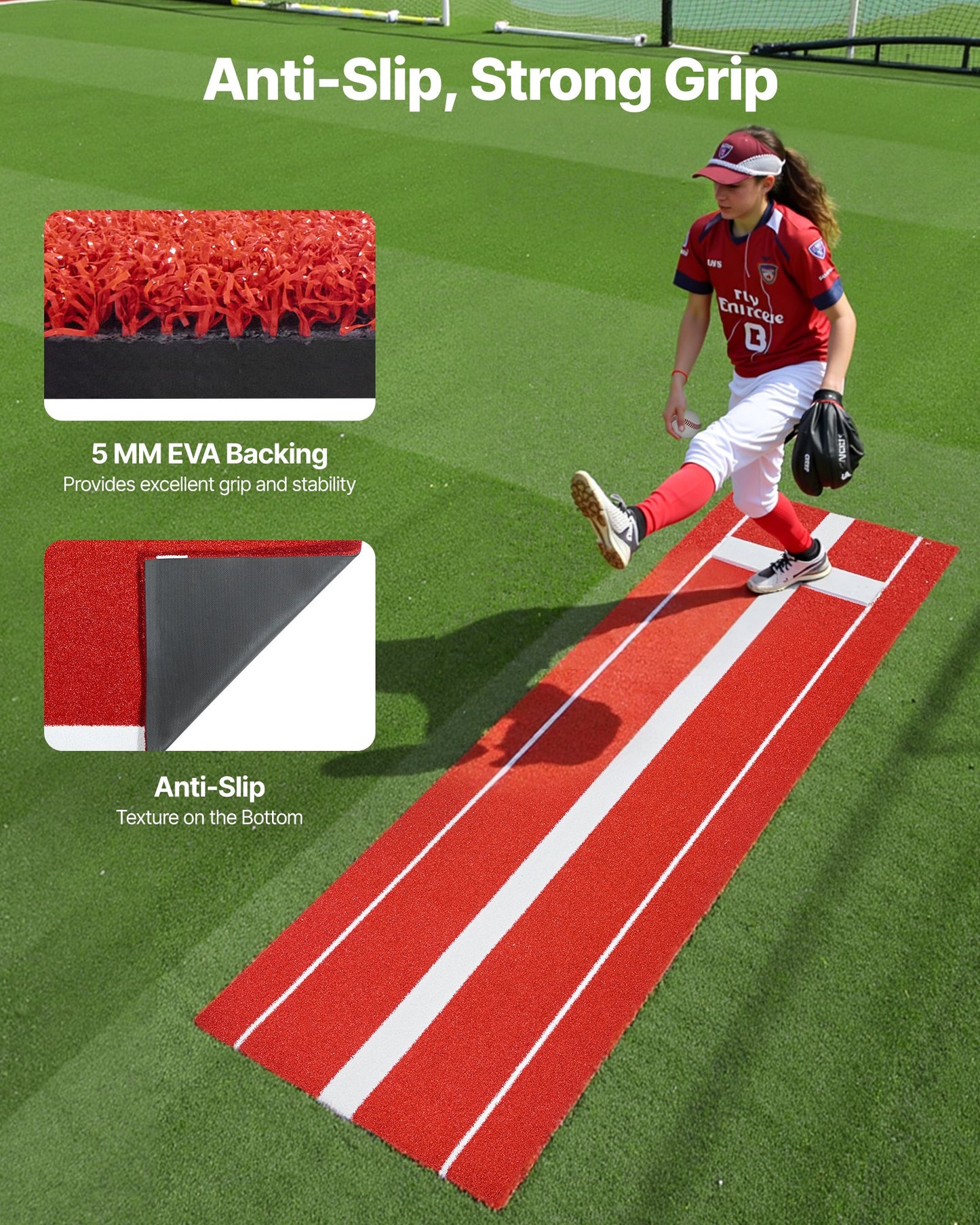 Softball Pitching Mat, 305x92cm Baseball Pitching Rubber Mound, Antifade Turf and Antislip Foam Backing Portable Training Aid, Fastpitch Equipment for Pitchers Indoor Outdoor Practice, Red