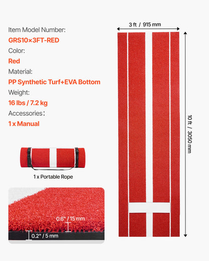 Softball Pitching Mat, 305x92cm Baseball Pitching Rubber Mound, Antifade Turf and Antislip Foam Backing Portable Training Aid, Fastpitch Equipment for Pitchers Indoor Outdoor Practice, Red