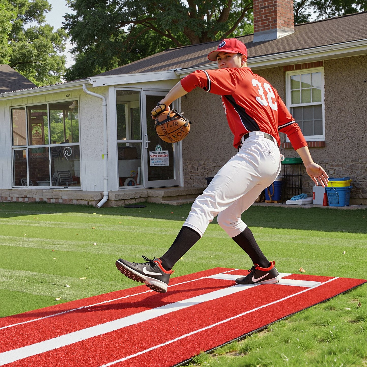 Softball Pitching Mat, 305x92cm Baseball Pitching Rubber Mound, Antifade Turf and Antislip Foam Backing Portable Training Aid, Fastpitch Equipment for Pitchers Indoor Outdoor Practice, Red
