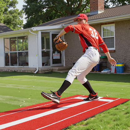 Softball Pitching Mat, 305x92cm Baseball Pitching Rubber Mound, Antifade Turf and Antislip Foam Backing Portable Training Aid, Fastpitch Equipment for Pitchers Indoor Outdoor Practice, Red