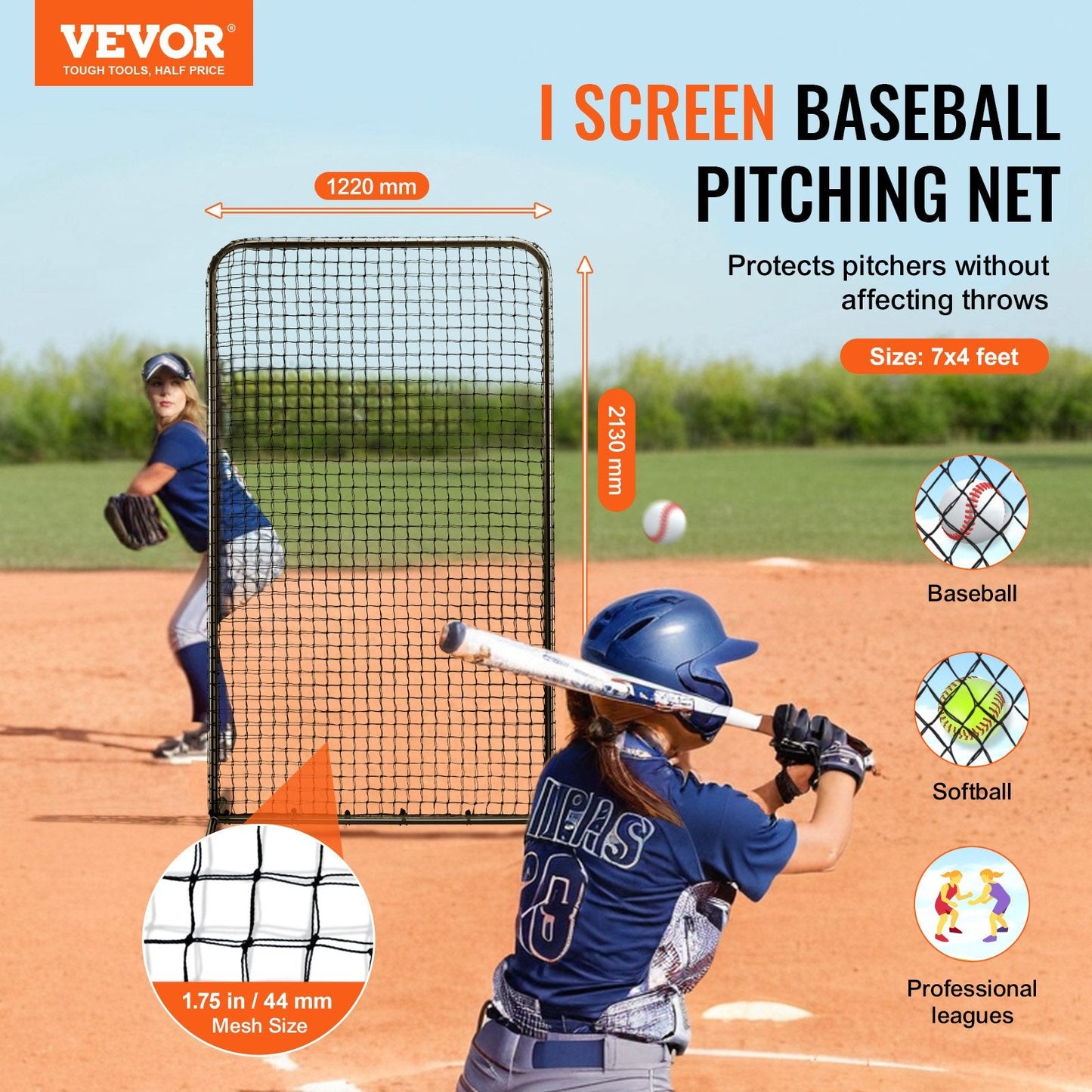 Portable 2.1x1.2m Baseball Softball Safety Screen with Carry Bag & Stakes
