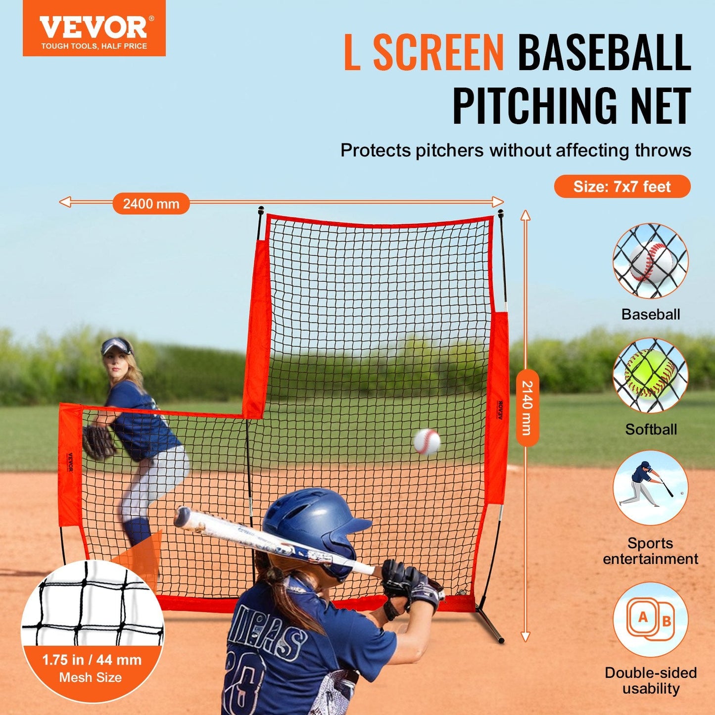 Portable 2.13m Baseball & Softball Safety Screen with Carry Bag and Stakes