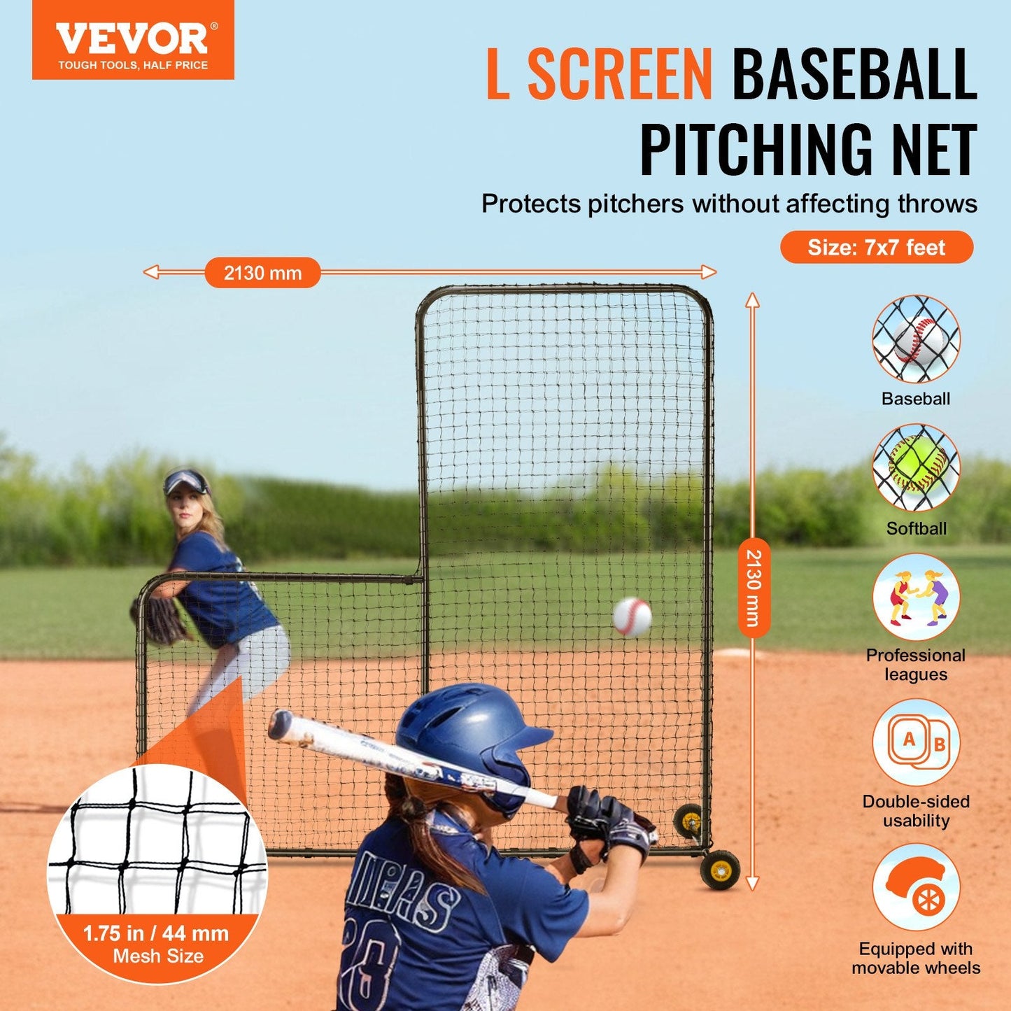 7x7 m Baseball Softball Safety Screen with Wheels and Carry Bag, Durable Net