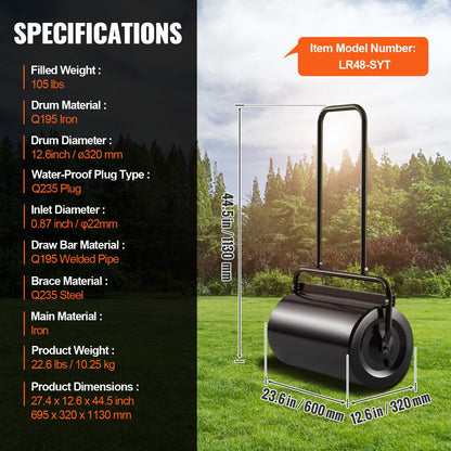 VEVOR Lawn Roller, 13 Gallon 24Inch Sand/Water Filled Yard Roller, Steel Sod Roller