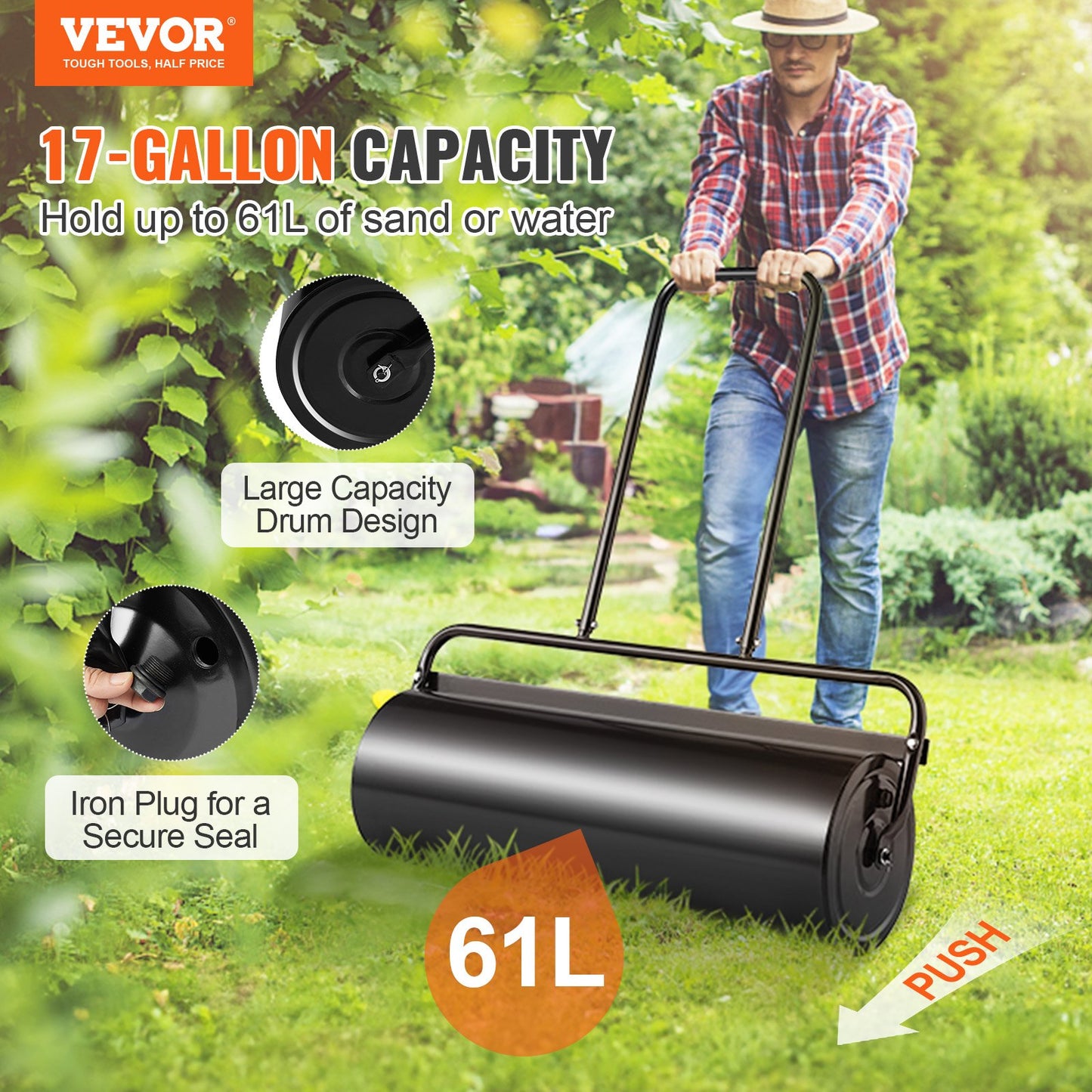 VEVOR Lawn Roller, 17 Gallon 36 Inch Sand/Water Filled Yard Roller, Steel Sod Roller