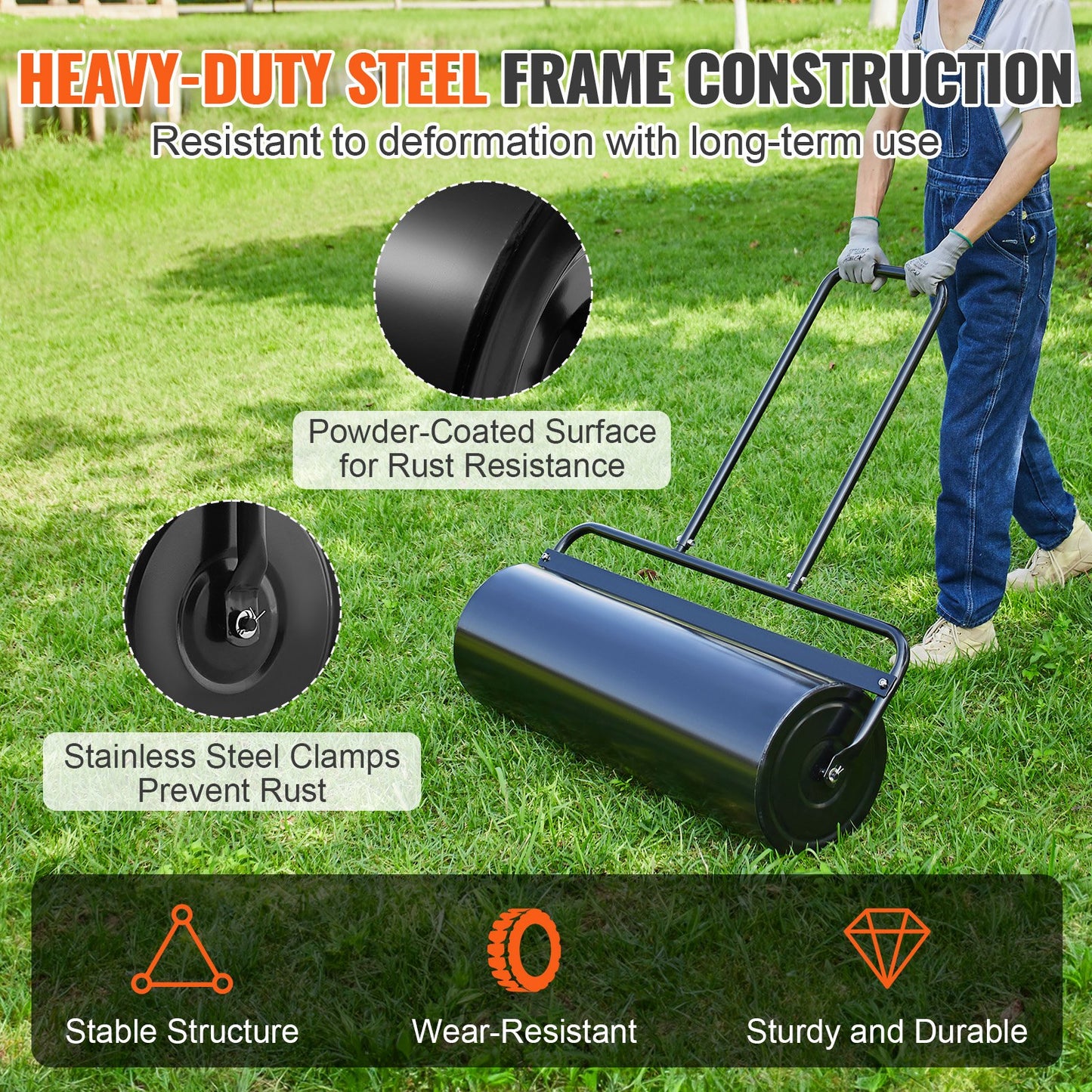 VEVOR Lawn Roller, 17 Gallon 36 Inch Sand/Water Filled Yard Roller, Steel Sod Roller
