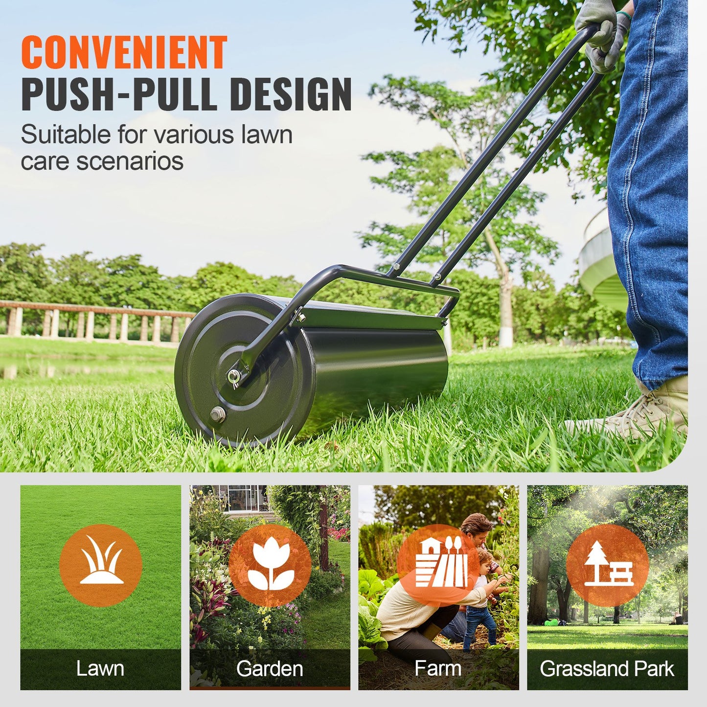 VEVOR Lawn Roller, 17 Gallon 36 Inch Sand/Water Filled Yard Roller, Steel Sod Roller