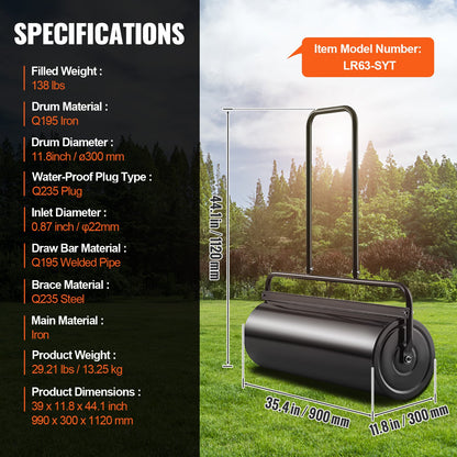 VEVOR Lawn Roller, 17 Gallon 36 Inch Sand/Water Filled Yard Roller, Steel Sod Roller