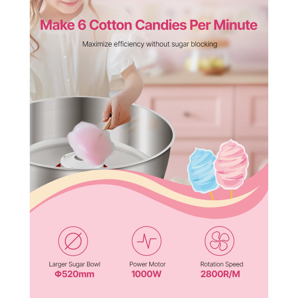 VEVOR Commercial Cotton Candy Machine Sugar Floss Maker 1000W for Party Pink