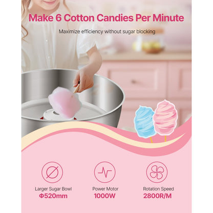 VEVOR Commercial Cotton Candy Machine Sugar Floss Maker 1000W for Party Pink