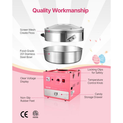VEVOR Commercial Cotton Candy Machine Sugar Floss Maker 1000W for Party Pink