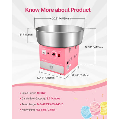 VEVOR Commercial Cotton Candy Machine Sugar Floss Maker 1000W for Party Pink