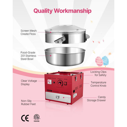 VEVOR Commercial Cotton Candy Machine Sugar Floss Maker 1000W for Party Red