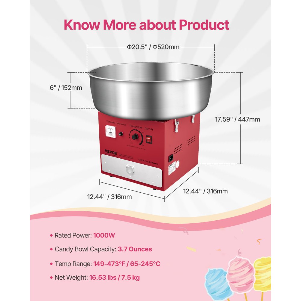 VEVOR Commercial Cotton Candy Machine Sugar Floss Maker 1000W for Party Red