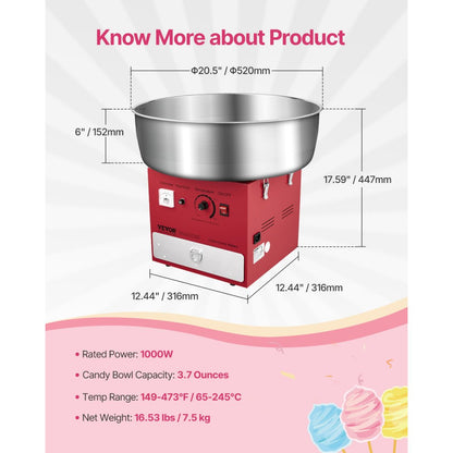 VEVOR Commercial Cotton Candy Machine Sugar Floss Maker 1000W for Party Red