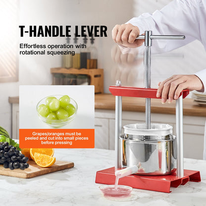 Manual Fruit Wine Press, 2L Capacity, Stainless Steel Barrels, Easy Squeeze Juicer