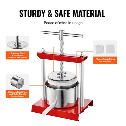 Manual Fruit Wine Press, 2L Capacity, Stainless Steel Barrels, Easy Squeeze Juicer