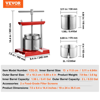 VEVOR Fruit Wine Press, 0.53 Gallon/2L, 2 Stainless Steel Barrels, Manual Juice