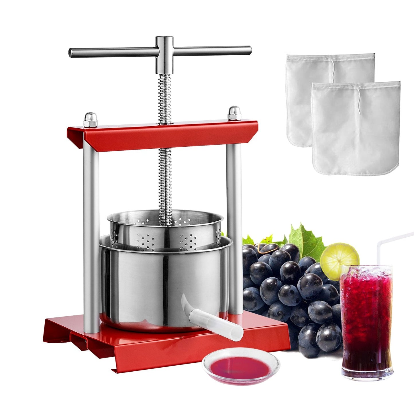Manual Fruit Wine Press, 2L Capacity, Stainless Steel Barrels, Easy Squeeze Juicer