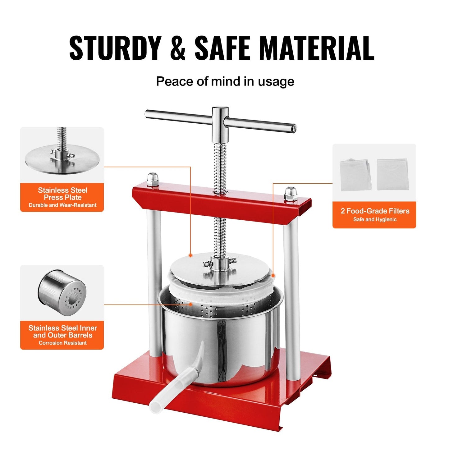 Manual Fruit Wine Press, 3L Capacity, Stainless Steel Barrels, T-Handle Juicer