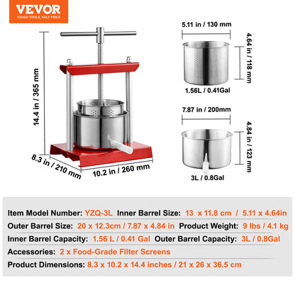 VEVOR Fruit Wine Press, 0.8 Gallon/3L, 2 Stainless Steel Barrels, Manual Juice Maker,