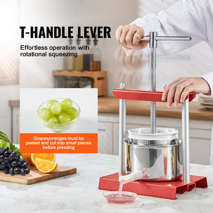 VEVOR Fruit Wine Press, 1.6 Gallon/6L, 2 Stainless Steel Barrels, Manual Juice Maker,