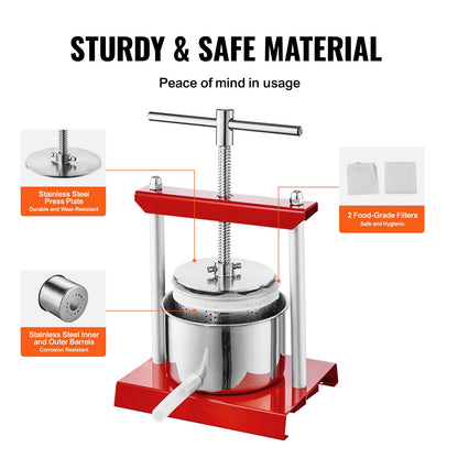 VEVOR Fruit Wine Press, 1.6 Gallon/6L, 2 Stainless Steel Barrels, Manual Juice Maker,