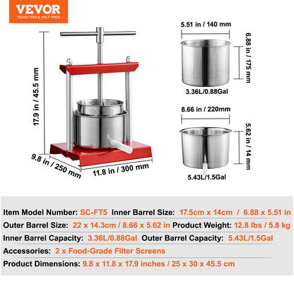 VEVOR Fruit Wine Press, 1.6 Gallon/6L, 2 Stainless Steel Barrels, Manual Juice Maker,