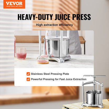 VEVOR Fruit Wine Press, 1.6 Gallon/6L, 2 Stainless Steel Barrels, Manual Juice Maker,