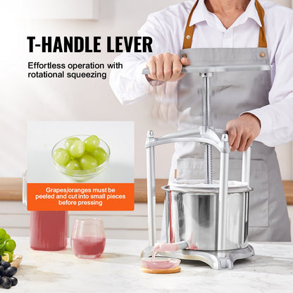 VEVOR Fruit Wine Press, 1.6 Gallon/6L, 2 Stainless Steel Barrels, Manual Juice Maker,