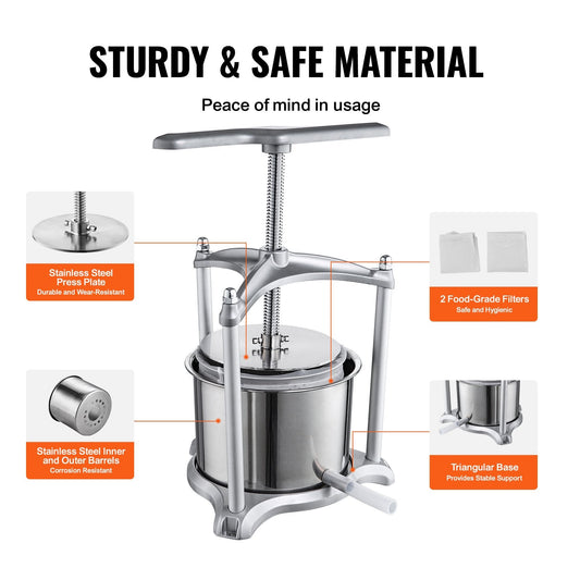 Manual Fruit Wine Press, 6L Capacity, Stainless Steel Barrels for Juicing & More