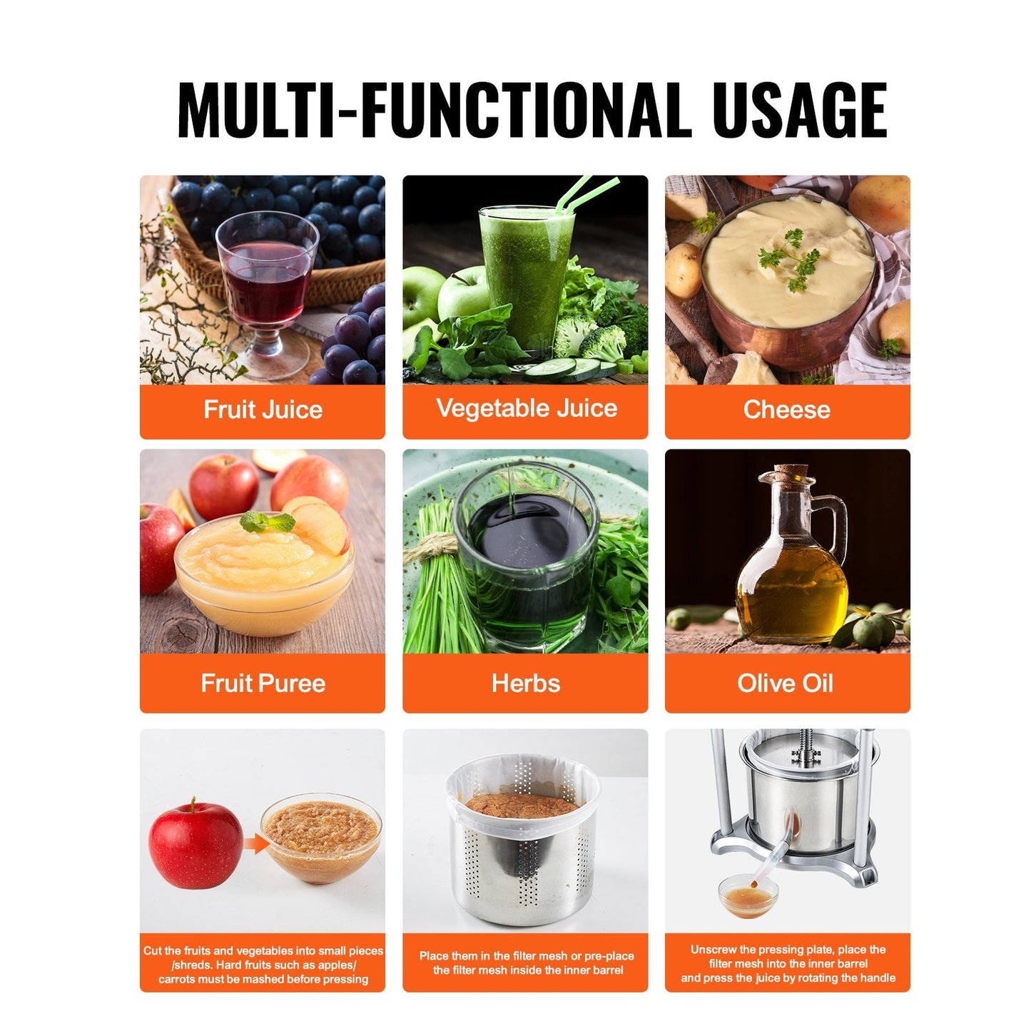 Manual Fruit Wine Press, 6L Capacity, Stainless Steel Barrels for Juicing & More