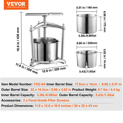 VEVOR Fruit Wine Press, 1.6 Gallon/6L, 2 Stainless Steel Barrels, Manual Juice Maker,