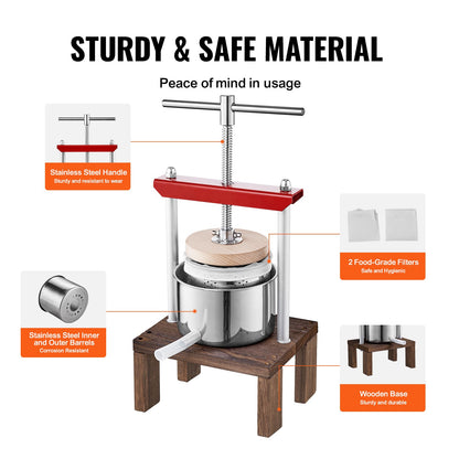 VEVOR Fruit Wine Press, 0.53 Gallon/2L, 2 Stainless Steel Barrels, Manual Juice