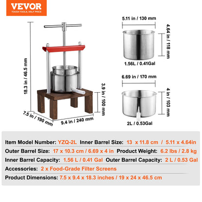 VEVOR Fruit Wine Press, 0.53 Gallon/2L, 2 Stainless Steel Barrels, Manual Juice