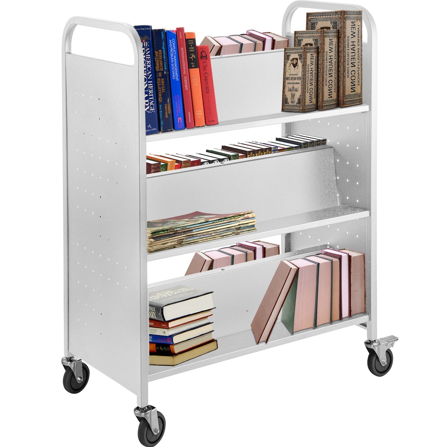White Double-Sided Book Cart with W-Shaped Shelves, 90.72kg Capacity, 1.25x0.9m