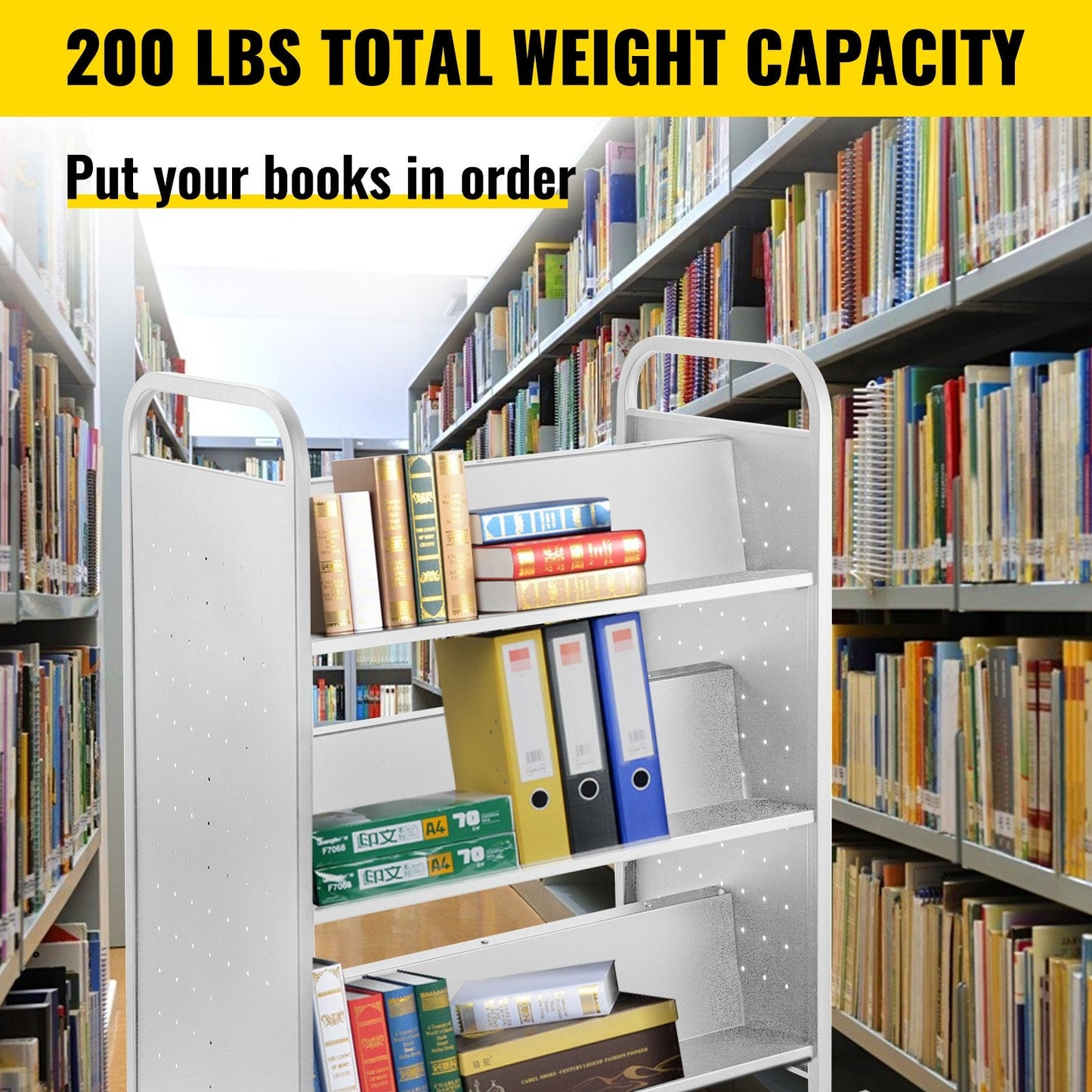 White Double-Sided Book Cart with W-Shaped Shelves, 90.72kg Capacity, 1.25x0.9m