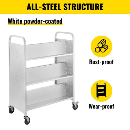White Double-Sided Book Cart with W-Shaped Shelves, 90.72kg Capacity, 1.25x0.9m