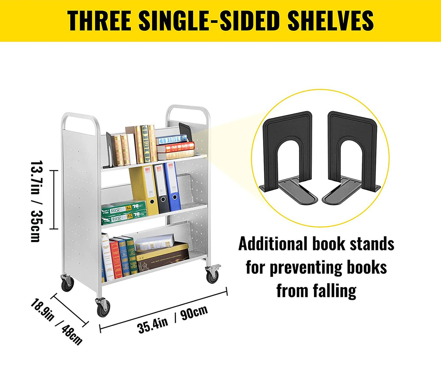 VEVOR Book Cart, 90.72kg Library Cart, 88.9x48.26x124.46 cm Rolling Book Cart Double