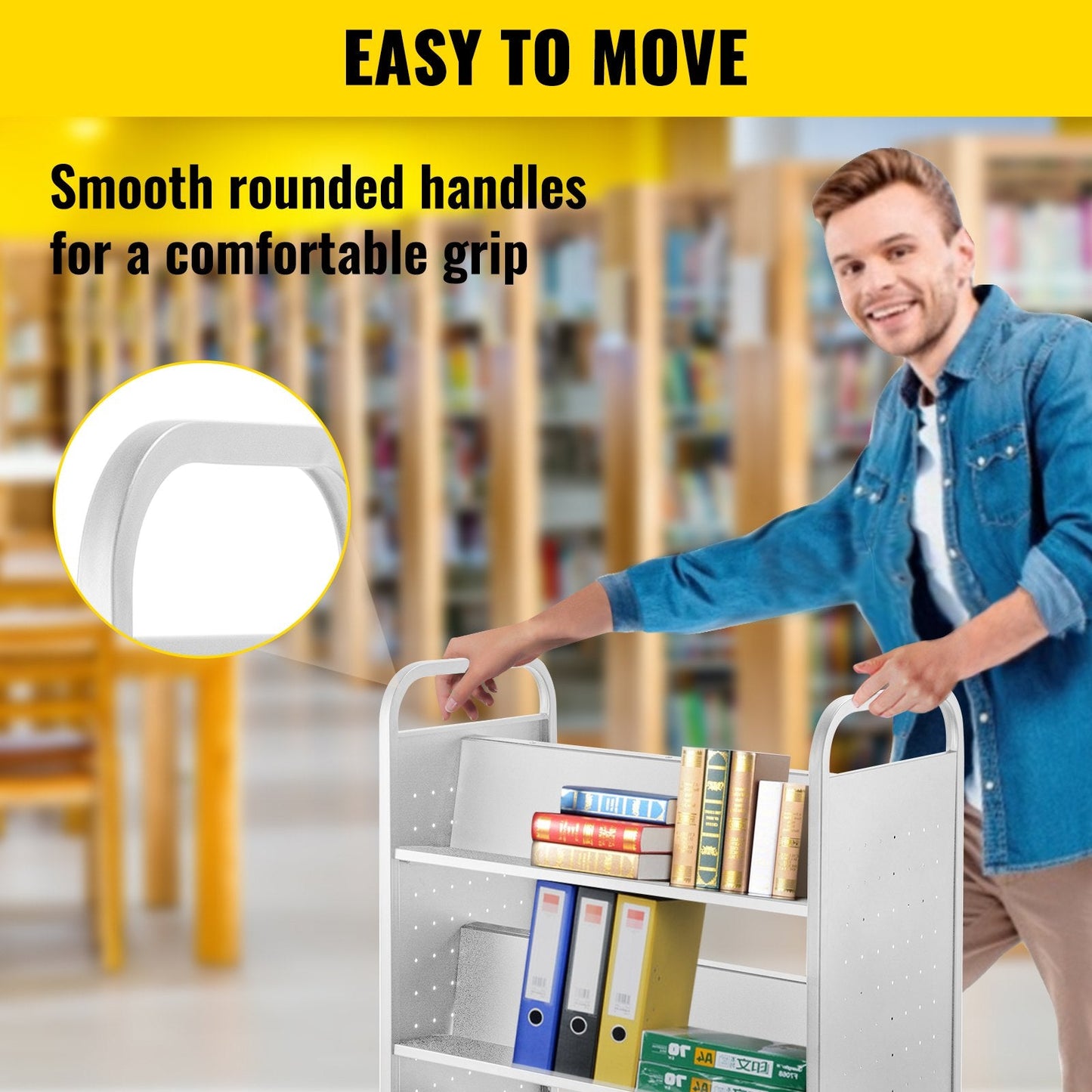 White Double-Sided Book Cart with W-Shaped Shelves, 90.72kg Capacity, 1.25x0.9m