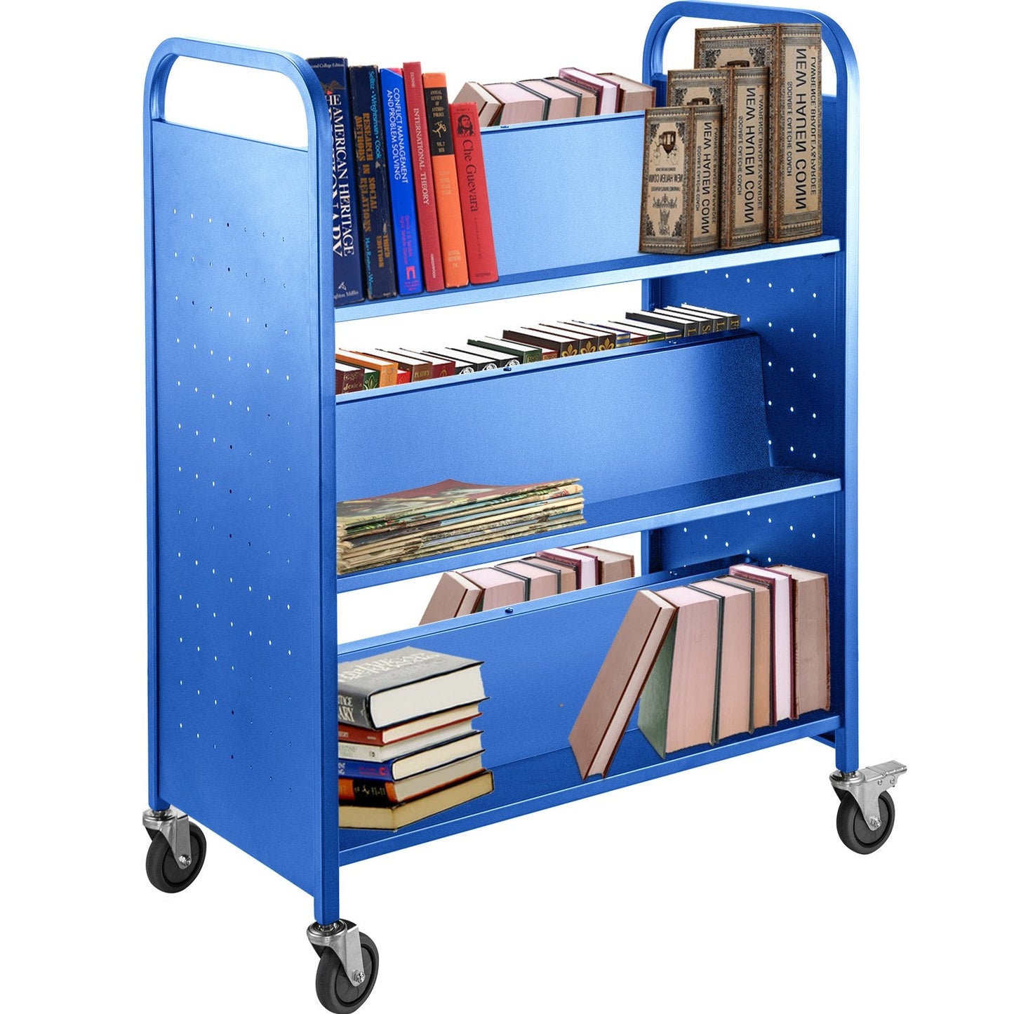 Blue Steel Library Cart with Double-Sided W-Shaped Shelves, 90 kg Capacity